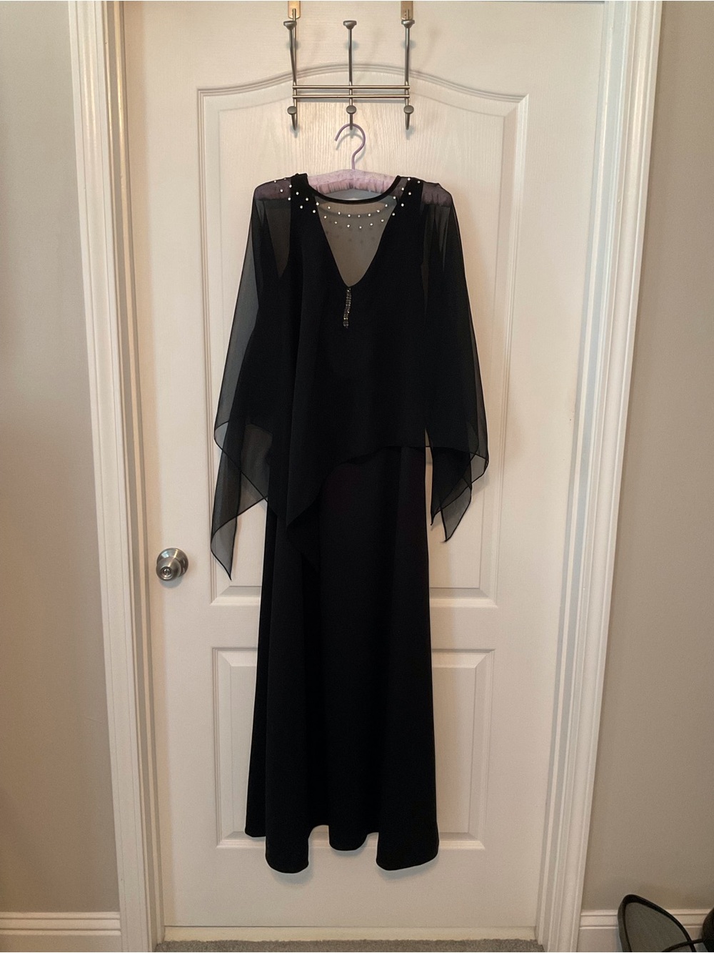 Source Unknown Black Maxi Dress with Sheer Capelet and Rhinestone Detail